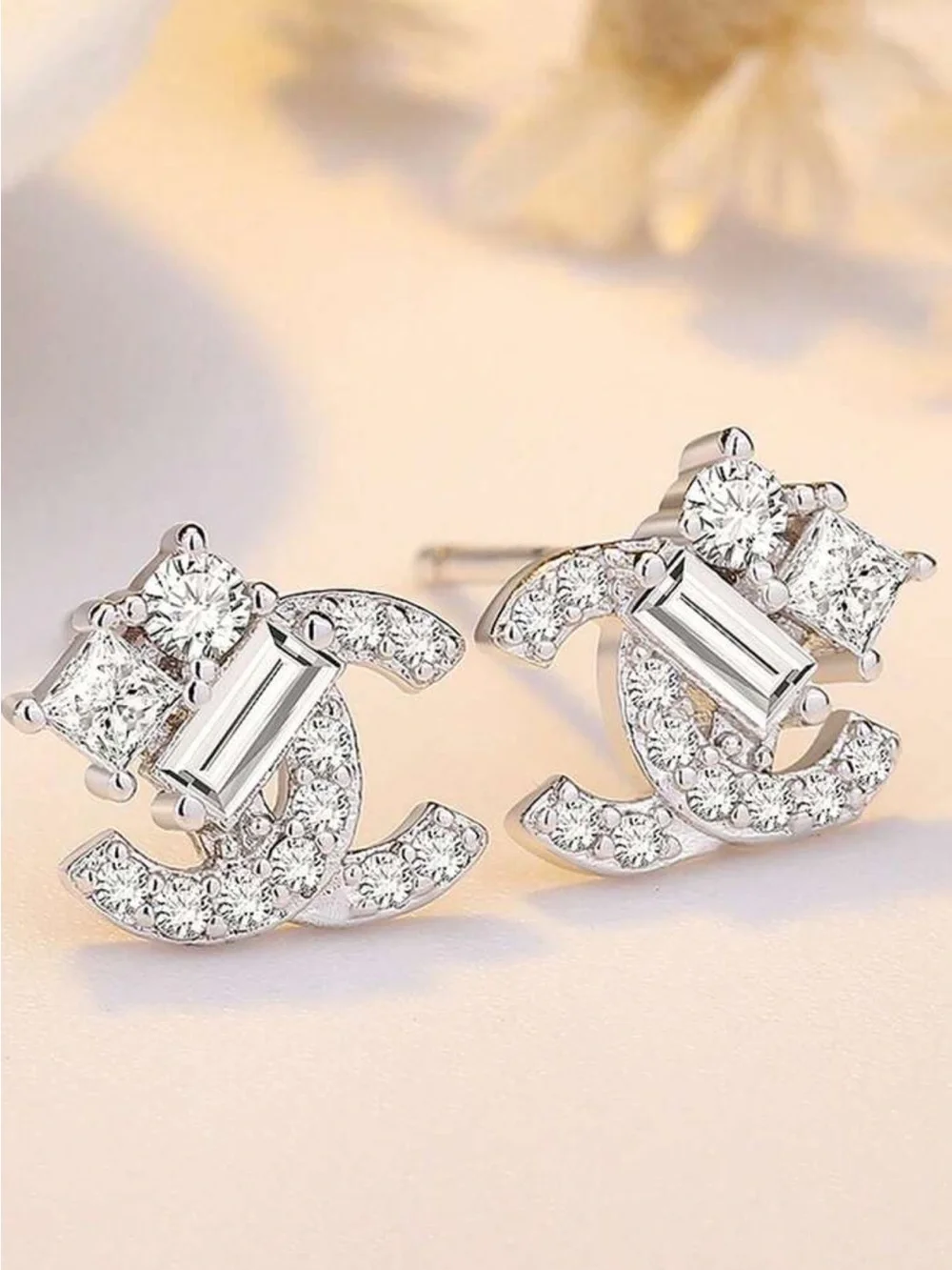 New Luxury Double Logo Crystal Stud Earrings - Silver